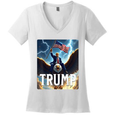 President Trump Riding An Eagle. Patriotic Political Women's V-Neck T-Shirt