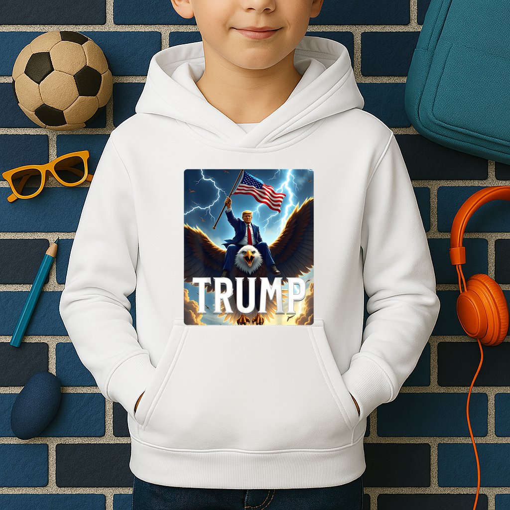 President Trump Riding An Eagle. Patriotic Political Kids Hoodie