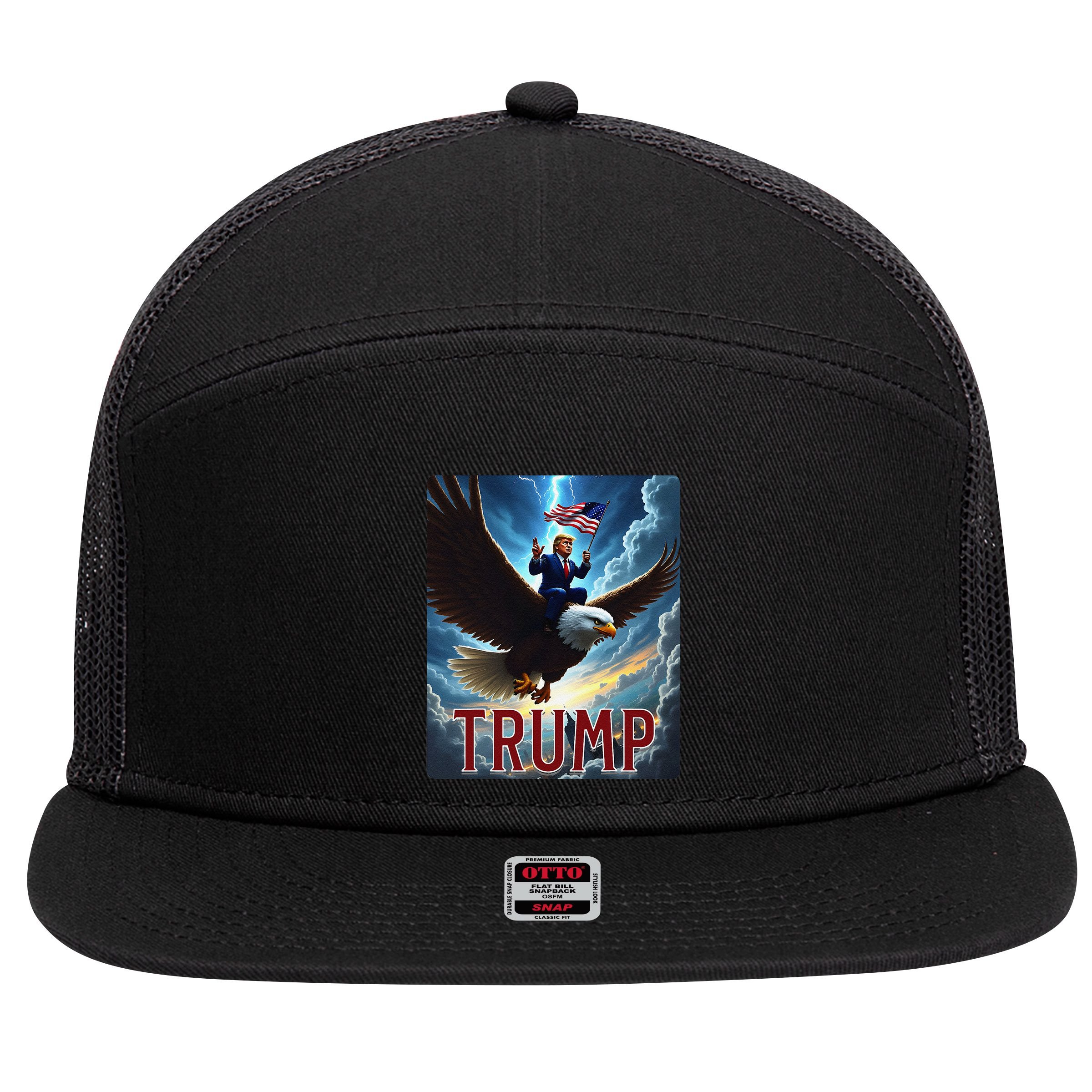 President Trump Riding An Eagle. Patriotic Political 7 Panel Mesh Trucker Snapback Hat