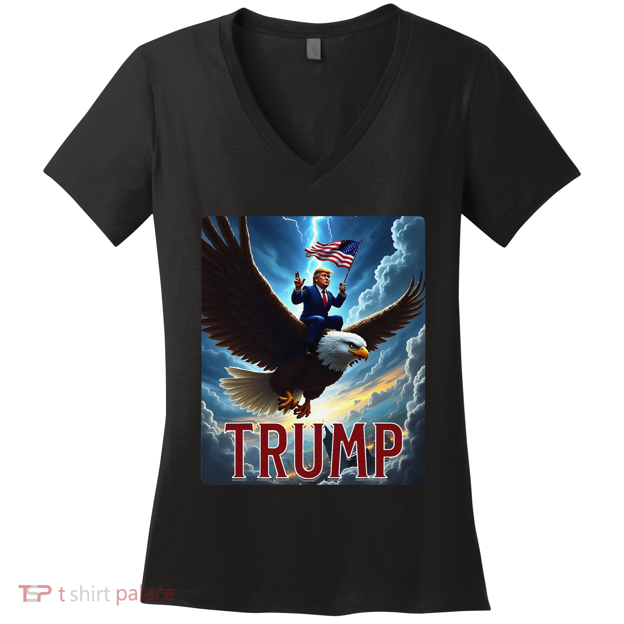 President Trump Riding An Eagle. Patriotic Political Women's V-Neck T-Shirt