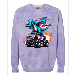 Patriotic T Rex Dabbing Monster Truck Colorblast Crewneck Sweatshirt