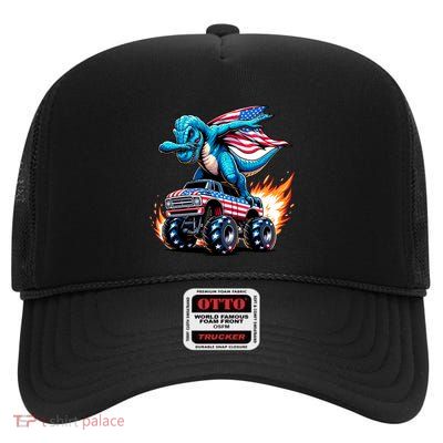Patriotic T Rex Dabbing Monster Truck High Crown Mesh Back Trucker Hat