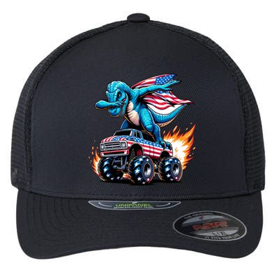 Patriotic T Rex Dabbing Monster Truck Flexfit Unipanel Trucker Cap