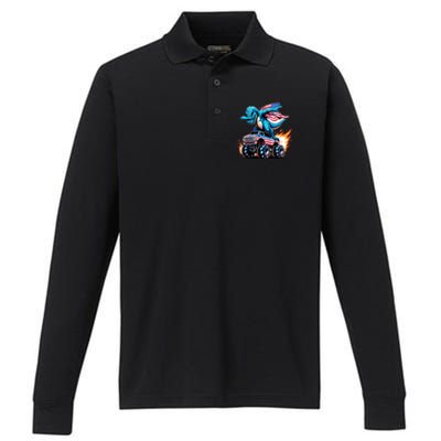 Patriotic T Rex Dabbing Monster Truck Performance Long Sleeve Polo