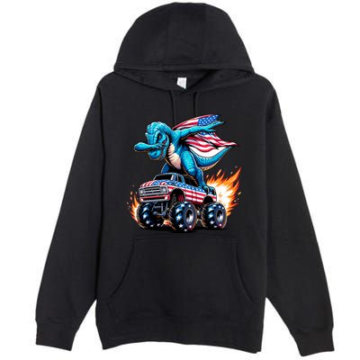 Patriotic T Rex Dabbing Monster Truck Premium Pullover Hoodie
