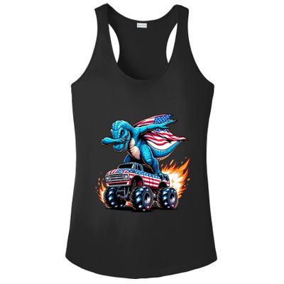 Patriotic T Rex Dabbing Monster Truck Ladies PosiCharge Competitor Racerback Tank