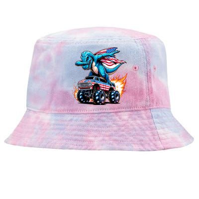 Patriotic T Rex Dabbing Monster Truck Tie-Dyed Bucket Hat