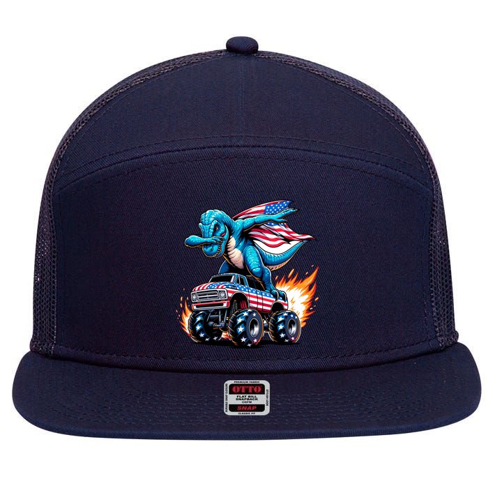 Patriotic T Rex Dabbing Monster Truck 7 Panel Mesh Trucker Snapback Hat