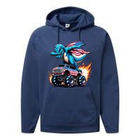 Patriotic T Rex Dabbing Monster Truck Performance Fleece Hoodie