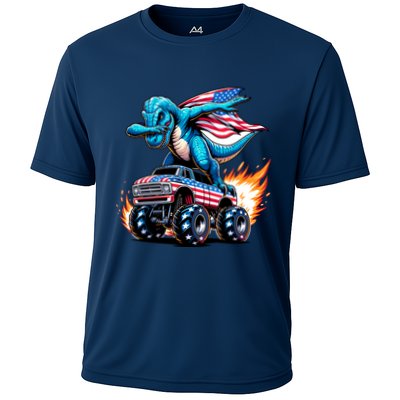 Patriotic T Rex Dabbing Monster Truck Performance Shirt