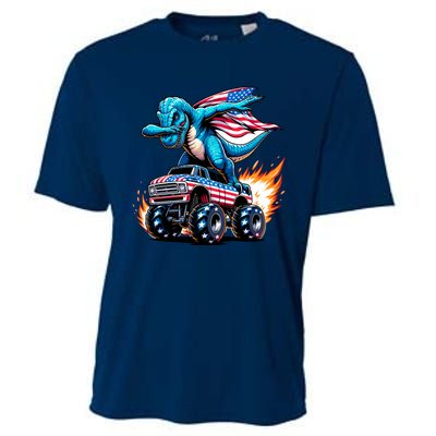 Patriotic T Rex Dabbing Monster Truck Cooling Performance Crew T-Shirt