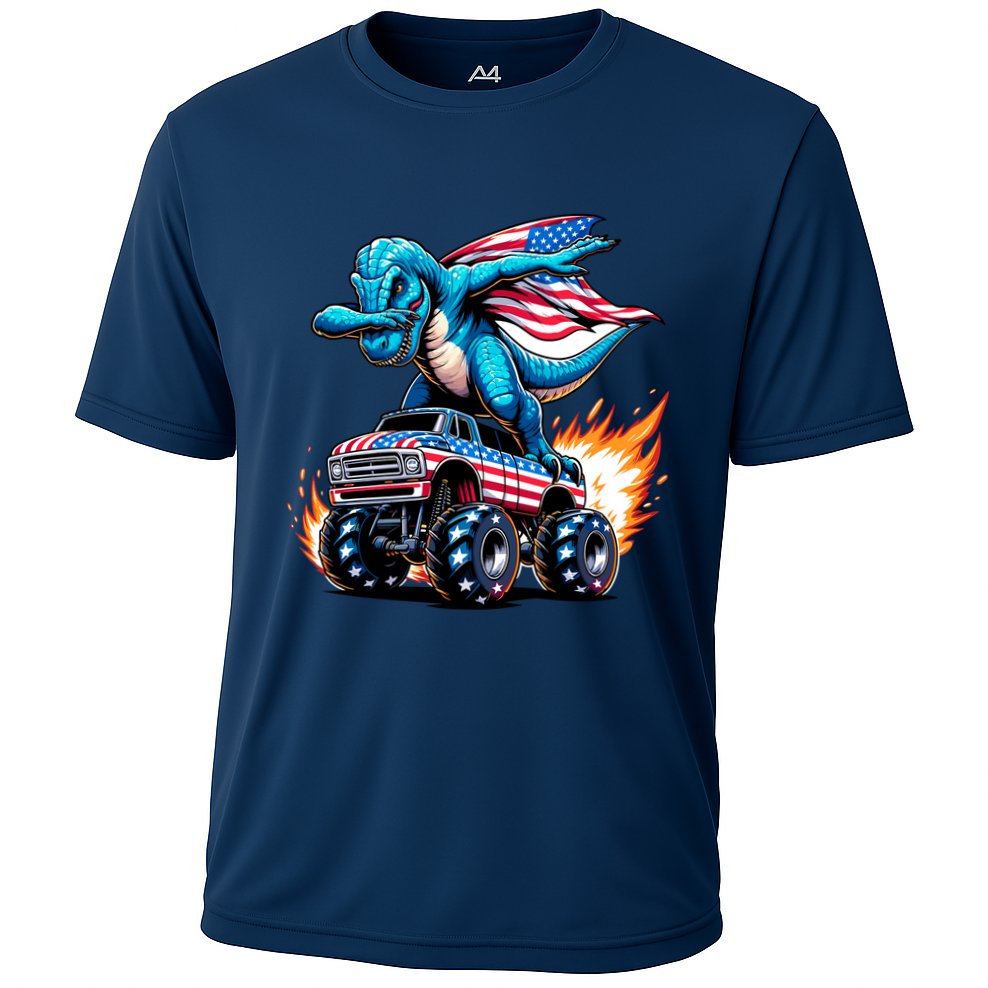 Patriotic T Rex Dabbing Monster Truck Cooling Performance Crew T-Shirt