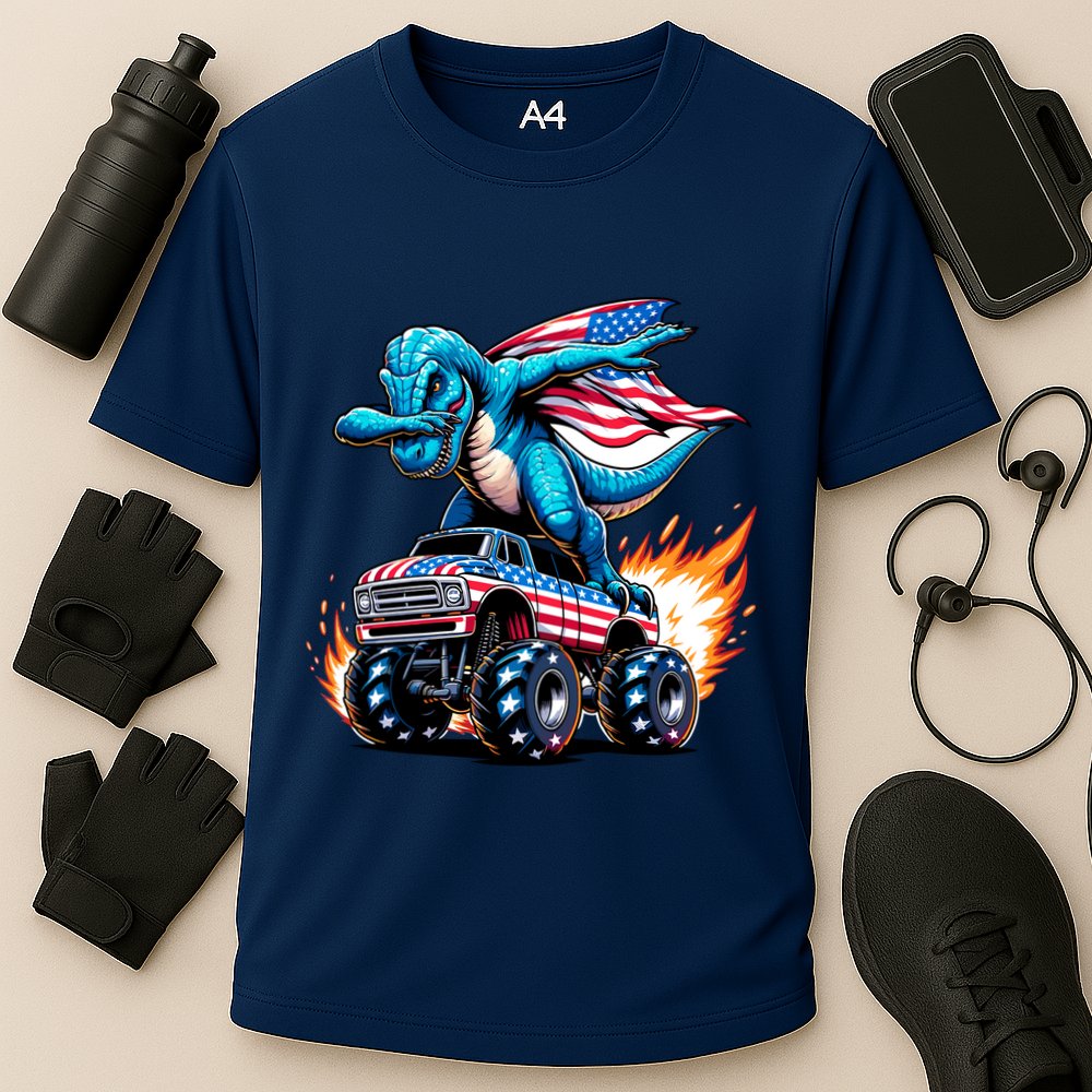 Patriotic T Rex Dabbing Monster Truck Cooling Performance Crew T-Shirt