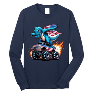 Patriotic T Rex Dabbing Monster Truck Long Sleeve Shirt