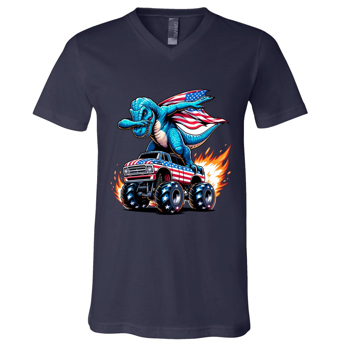Patriotic T Rex Dabbing Monster Truck V-Neck T-Shirt