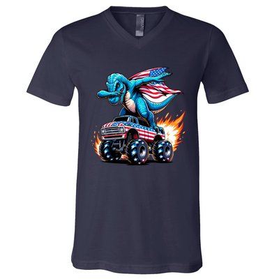 Patriotic T Rex Dabbing Monster Truck V-Neck T-Shirt