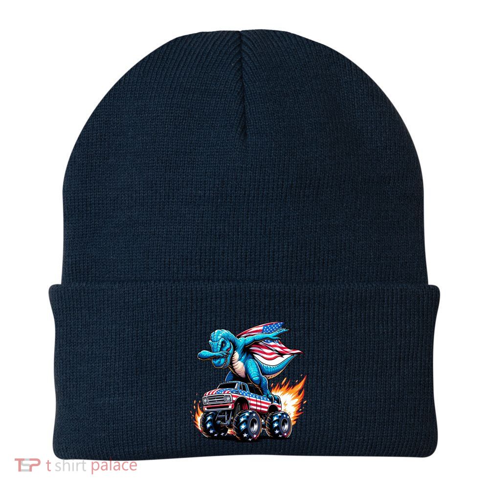 Patriotic T Rex Dabbing Monster Truck Knit Cap Winter Beanie