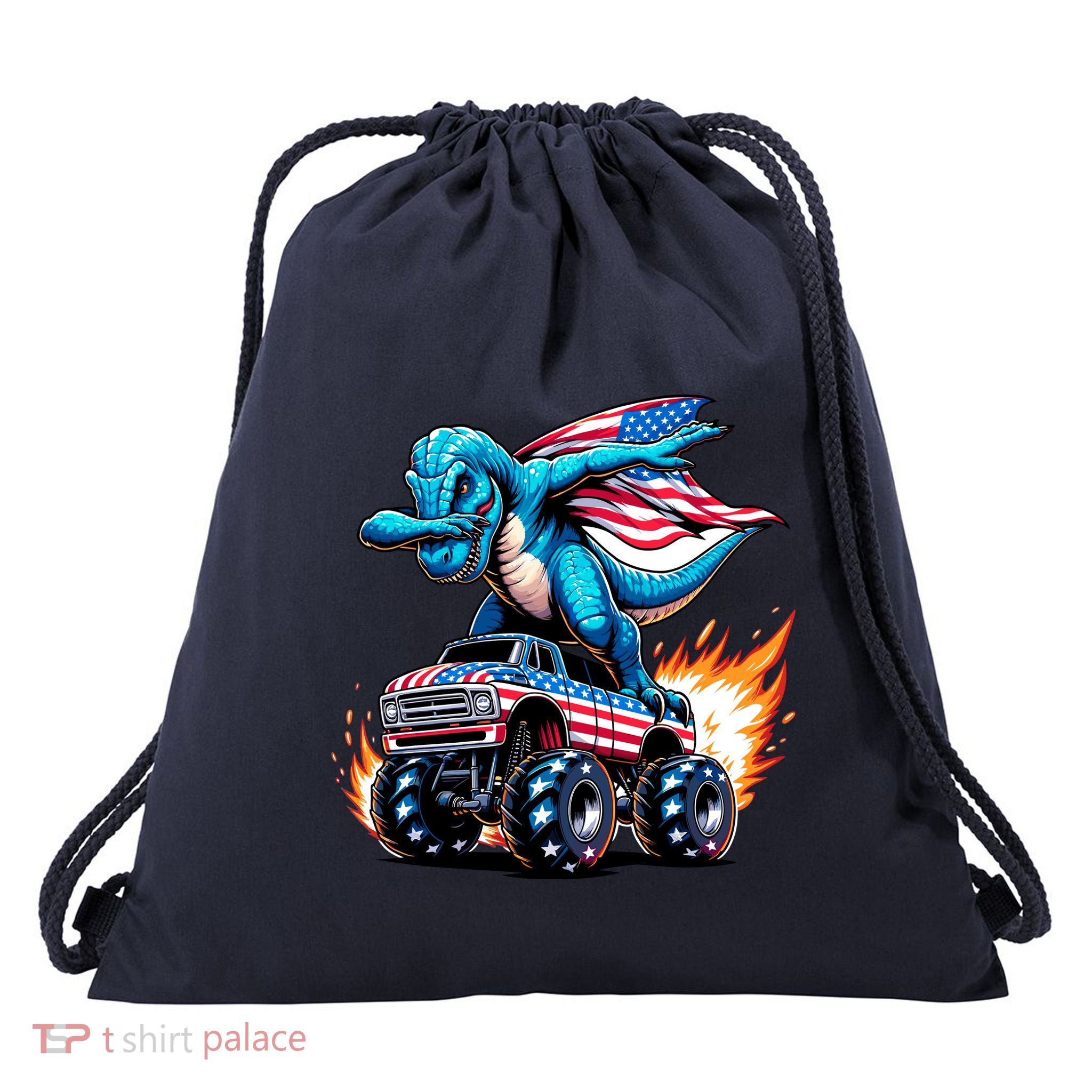 Patriotic T Rex Dabbing Monster Truck Drawstring Bag