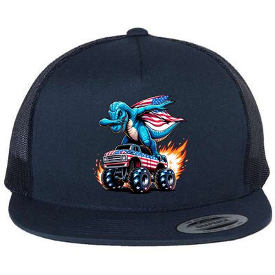 Patriotic T Rex Dabbing Monster Truck Flat Bill Trucker Hat