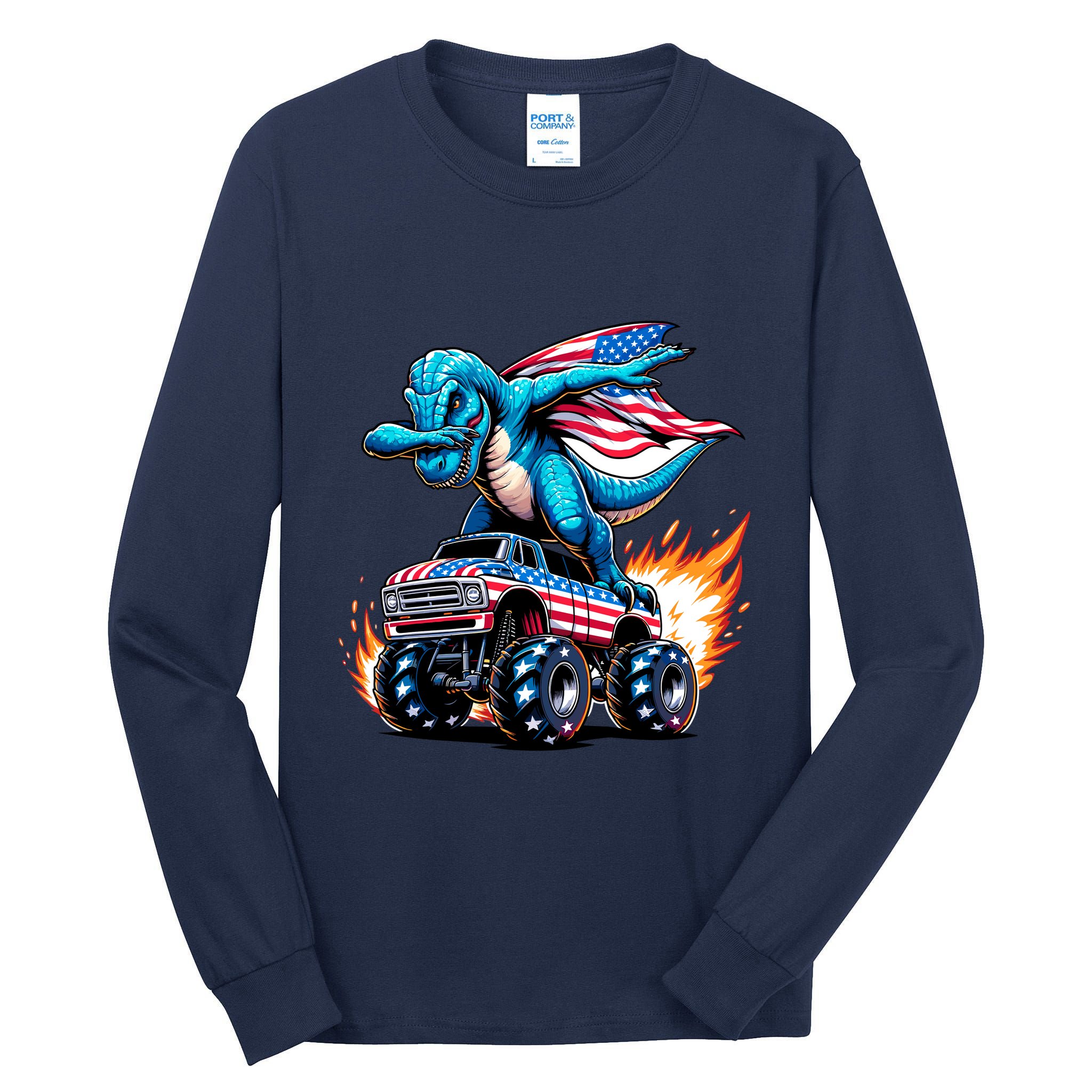 Patriotic T Rex Dabbing Monster Truck Tall Long Sleeve T-Shirt
