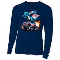 Patriotic T Rex Dabbing Monster Truck Cooling Performance Long Sleeve Crew