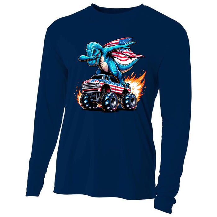 Patriotic T Rex Dabbing Monster Truck Cooling Performance Long Sleeve Crew