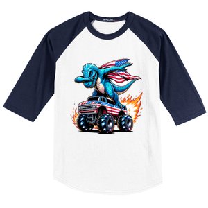 Patriotic T Rex Dabbing Monster Truck Baseball Sleeve Shirt