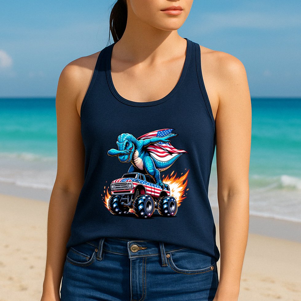 Patriotic T Rex Dabbing Monster Truck Womens Tank Top