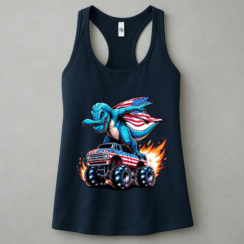 Patriotic T Rex Dabbing Monster Truck Womens Tank Top