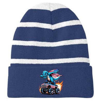 Patriotic T Rex Dabbing Monster Truck Striped Beanie with Solid Band