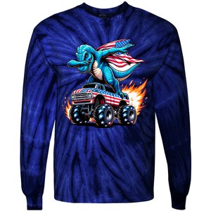 Patriotic T Rex Dabbing Monster Truck Tie-Dye Long Sleeve Shirt