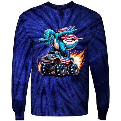 Patriotic T Rex Dabbing Monster Truck Tie-Dye Long Sleeve Shirt