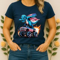 Patriotic T Rex Dabbing Monster Truck Womens T-Shirt