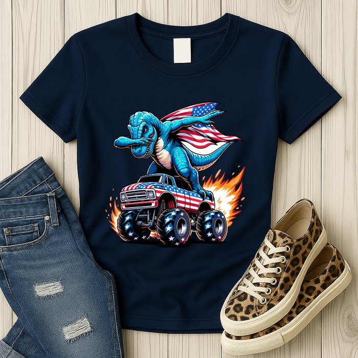 Patriotic T Rex Dabbing Monster Truck Womens T-Shirt