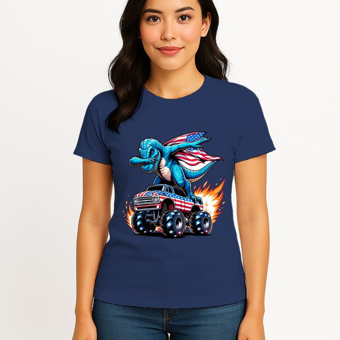 Patriotic T Rex Dabbing Monster Truck Womens T-Shirt