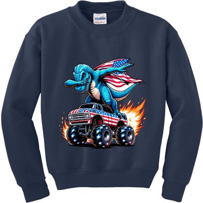 Patriotic T Rex Dabbing Monster Truck Kids Sweatshirt