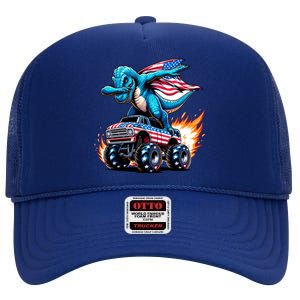 Patriotic T Rex Dabbing Monster Truck High Crown Mesh Back Trucker Hat