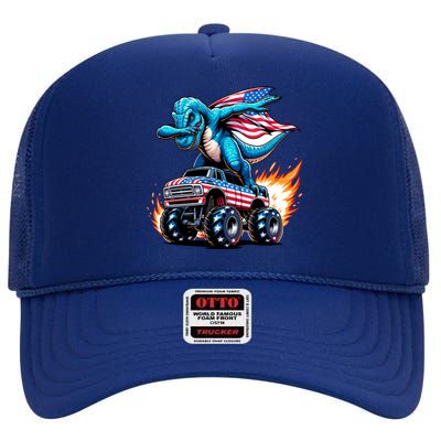 Patriotic T Rex Dabbing Monster Truck High Crown Mesh Back Trucker Hat