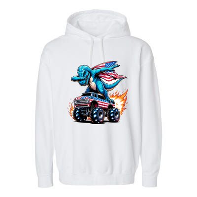 Patriotic T Rex Dabbing Monster Truck Garment-Dyed Fleece Hoodie