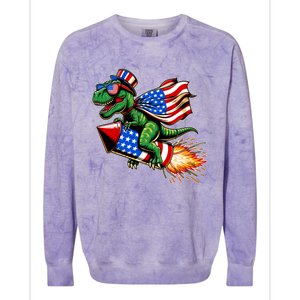 Patriotic T Rex Riding Firework 4th Of July Colorblast Crewneck Sweatshirt