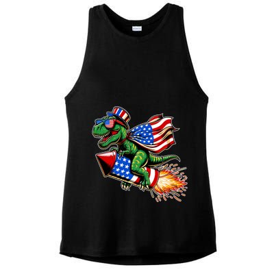 Patriotic T Rex Riding Firework 4th Of July Ladies PosiCharge Tri-Blend Wicking Tank