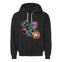 Patriotic T Rex Riding Firework 4th Of July Garment-Dyed Fleece Hoodie
