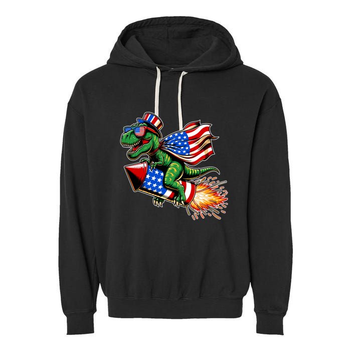 Patriotic T Rex Riding Firework 4th Of July Garment-Dyed Fleece Hoodie