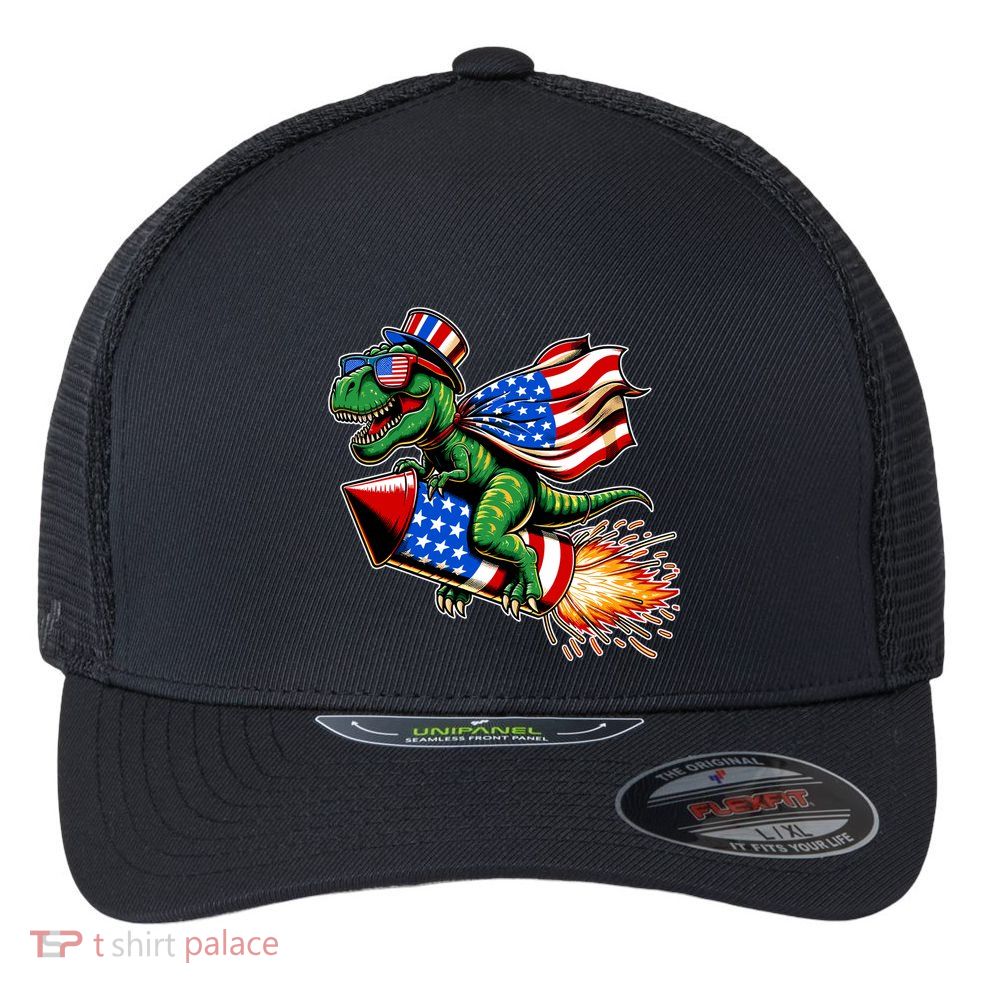 Patriotic T Rex Riding Firework 4th Of July Flexfit Unipanel Trucker Cap