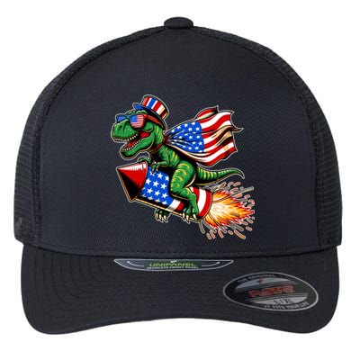 Patriotic T Rex Riding Firework 4th Of July Flexfit Unipanel Trucker Cap