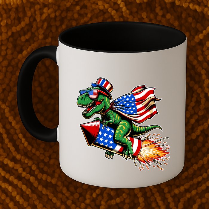 Patriotic T Rex Riding Firework 4th Of July Mug