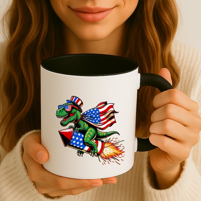 Patriotic T Rex Riding Firework 4th Of July Mug