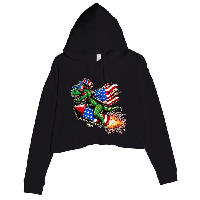 Patriotic T Rex Riding Firework 4th Of July Crop Fleece Hoodie