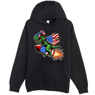 Patriotic T Rex Riding Firework 4th Of July Premium Pullover Hoodie
