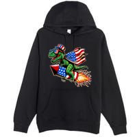 Patriotic T Rex Riding Firework 4th Of July Premium Pullover Hoodie